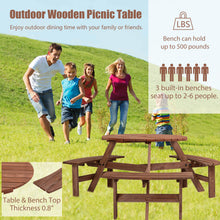 Load image into Gallery viewer, 6-Person Circular Outdoor Wooden Picnic Table for Patio, Backyard, Garden, DIY w/ 3 Built-in Benches, 1720lb Capacity - Brown
