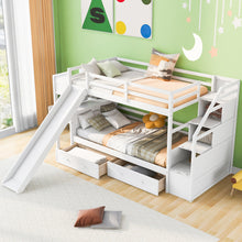 Load image into Gallery viewer, Twin over Twin Bunk Bed with Storage Staircase, Slide and Drawers, Desk with Drawers and Shelves, White
