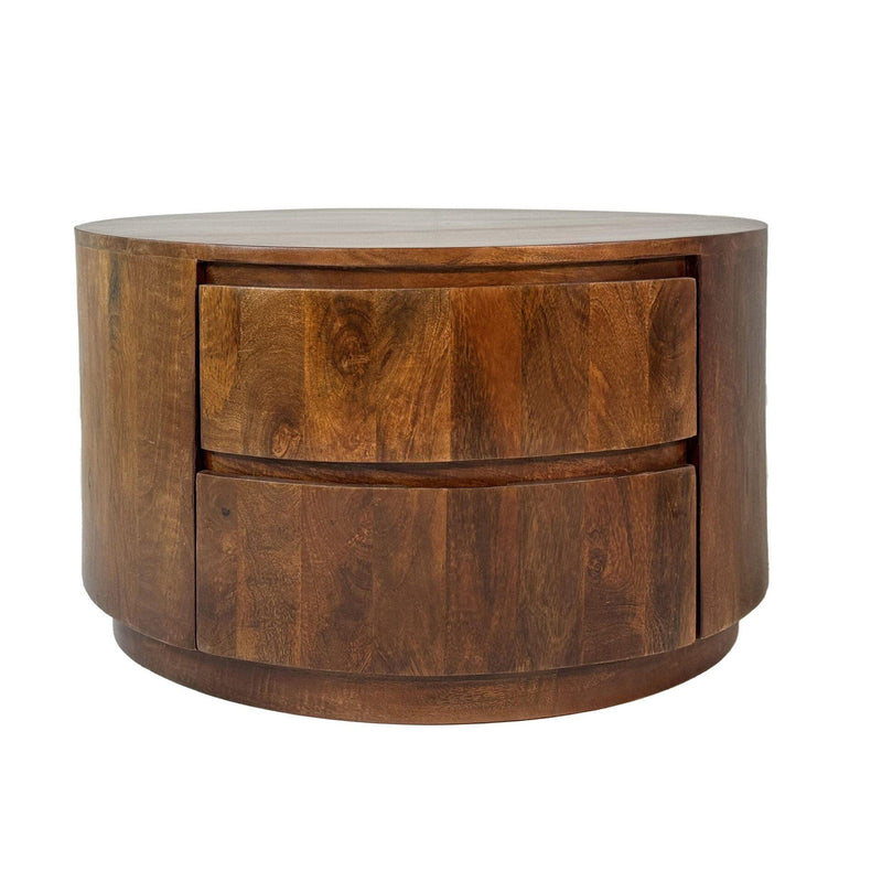 Round Drum Coffee Table With Two Drawers - Chestnut