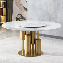 Load image into Gallery viewer, 53&quot; Round Marble Dining Table With Lazy Susan, Dining Room, Dinette (Table Only) - Gold / Gold / White
