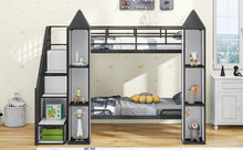 Load image into Gallery viewer, Metal Twin over Twin Castle-shaped Bunk Bed with Wardrobe and Multiple Storage, Black+White
