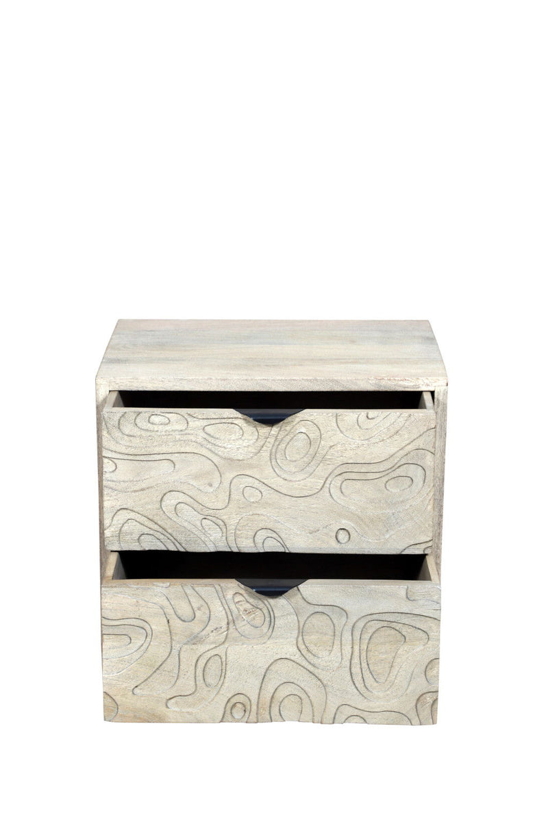 26" Solid Wood Carved Abstract Two Drawer Nightstand - Gray