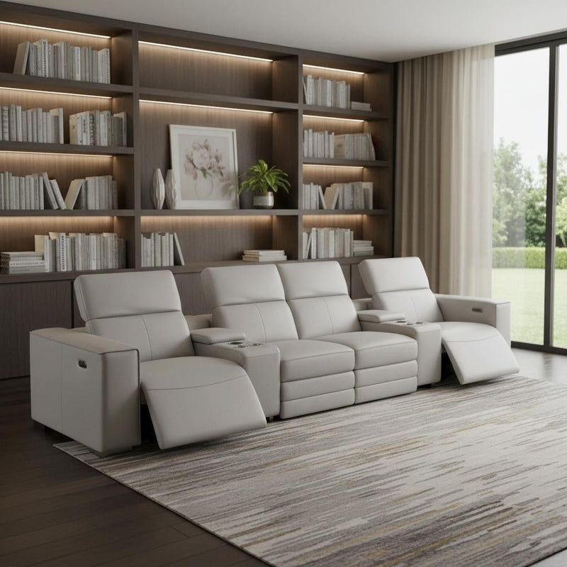 Top Grain Leather Reclining Metal USB Sofa (720321) - Light Gray
