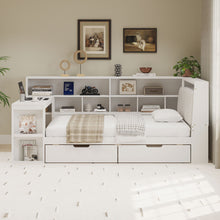 Load image into Gallery viewer, L Shaped Daybed With Desk, Bookcase, Upholstered Headboard, Drawers, And LED Light
