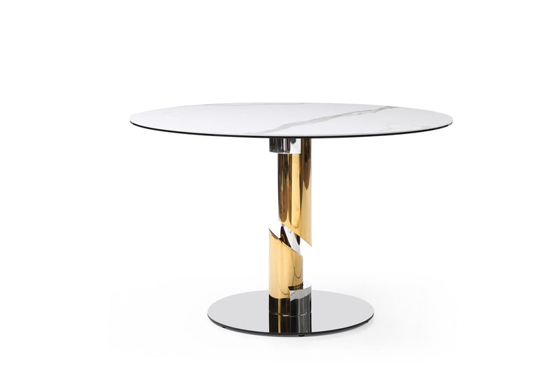 Ceramic Stainless Steel Pedestal Base Round Top Dining Table - White / Gold / Silver