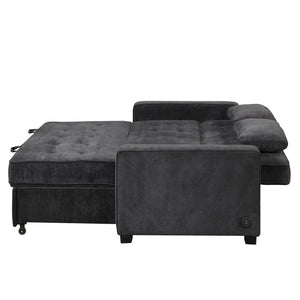 65.7" Velvet Upholstered Sleeper Bed , Pull Out Sofa Bed Couch attached two throw pillows,Dual USB Charging Port and Adjustable Backrest for Living Room Space, Black