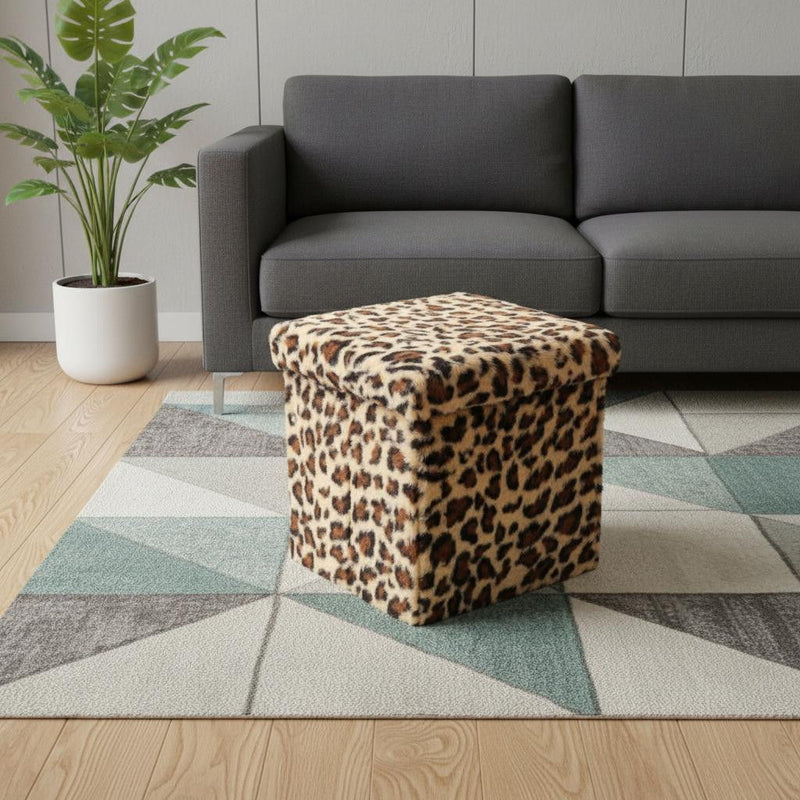 Plastic Animal Print Storage Ottoman - Beige / Brown