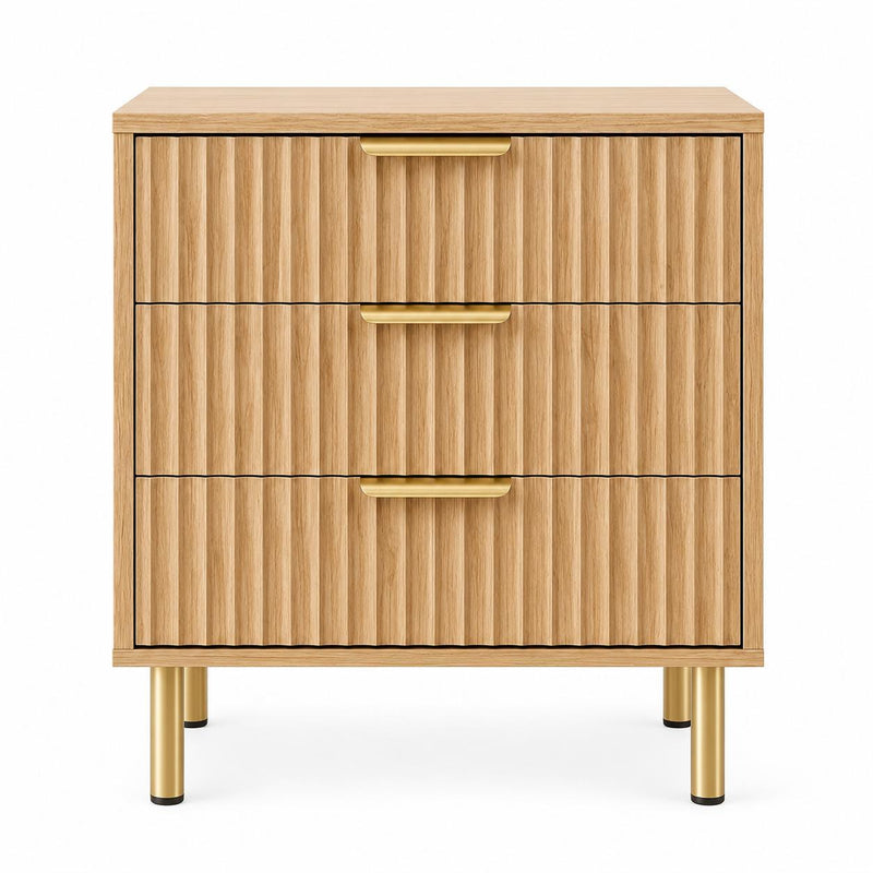 Wood Ribbed Texture Three Drawer Nightstand - Oak