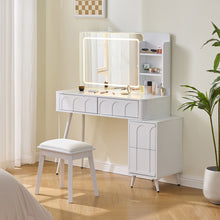 Load image into Gallery viewer, Modern Makeup Vanity Desk With LED Lights &amp; Mirror 4 Drawer Dressing Table Set Space Saving For Bedroom - White

