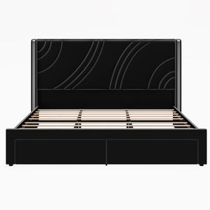 Modern Upholstered LED Bed Frame With Storage Drawers, Wingback Headboard, RGB Light