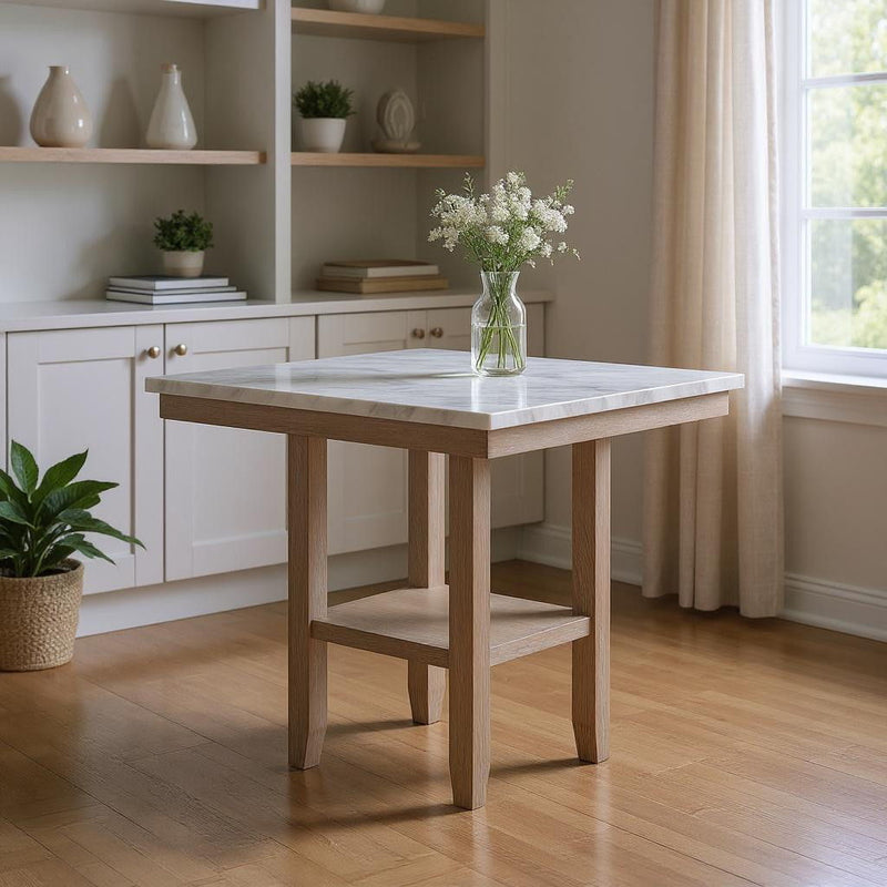 42" Faux Marble And Wood Square Bar Table - White And Natural