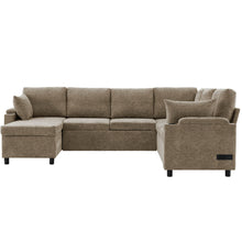 Load image into Gallery viewer, U-Shaped Sectional Sofa Bed With Storage, Charging Ports, And Cup Holders - Brown
