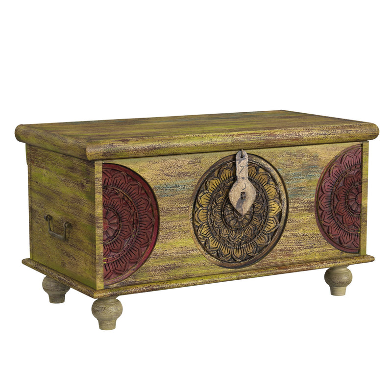 Mesa Carved Wooden Trunk Coffee Table - Green and Red