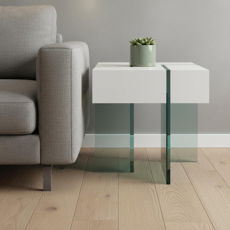 Glass Square Sled End Table - White
