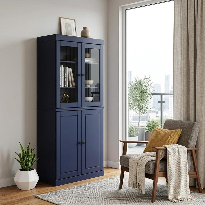 Solid Wood Adjustable Six Tier Library Bookcase With Four Doors (751524) - Navy Blue