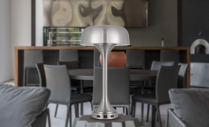Metal Two Light USB Table Lamp With Nickel Dome Shade - Nickel