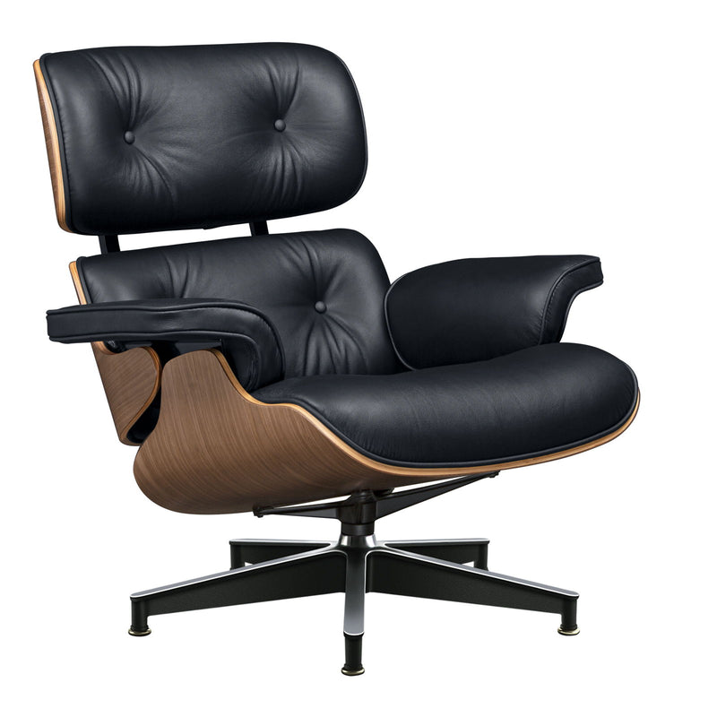 27" Tufted Genuine Leather Swivel Lounge Chair With Ottoman - Black / Walnut
