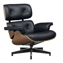 Load image into Gallery viewer, 27" Tufted Genuine Leather Swivel Lounge Chair With Ottoman - Black / Walnut
