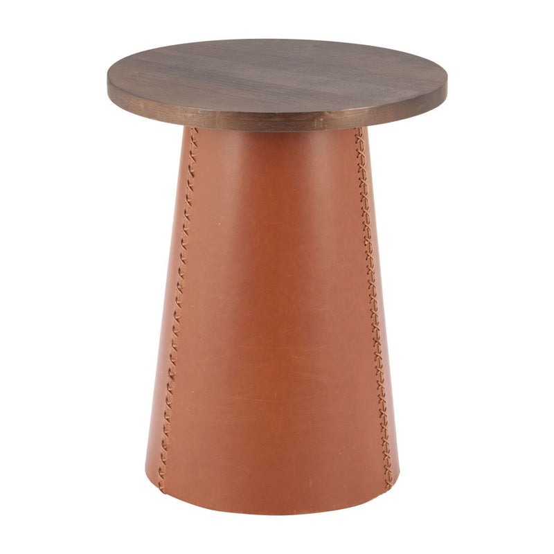 23" Wood And Faux Leather Round Pedestal End Table - Brown