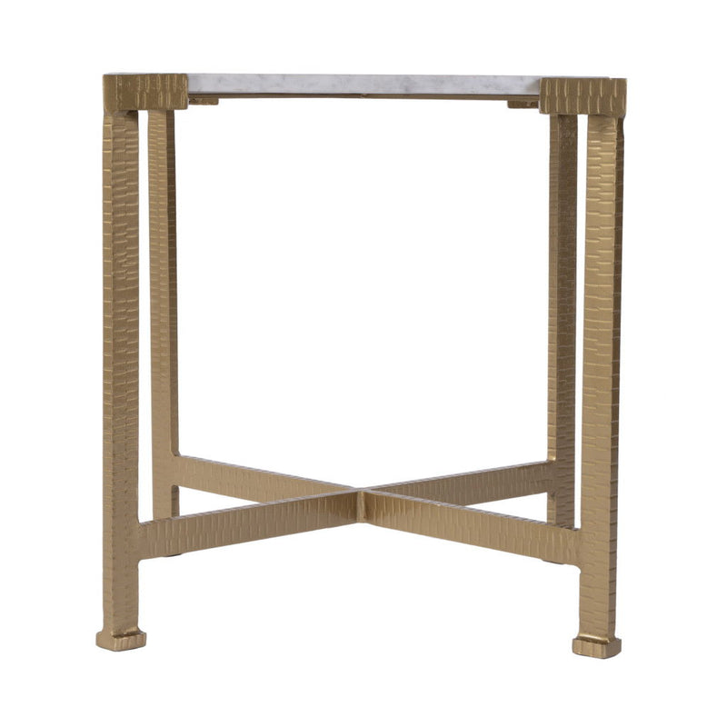 20" Distressed Marble And Iron Square End Table - White And Antiqued Gold