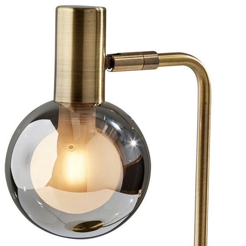 Metal Cylinder Desk Table Lamp With Gray Globe Shade With Starling LED Bulb - Antiqued Brass