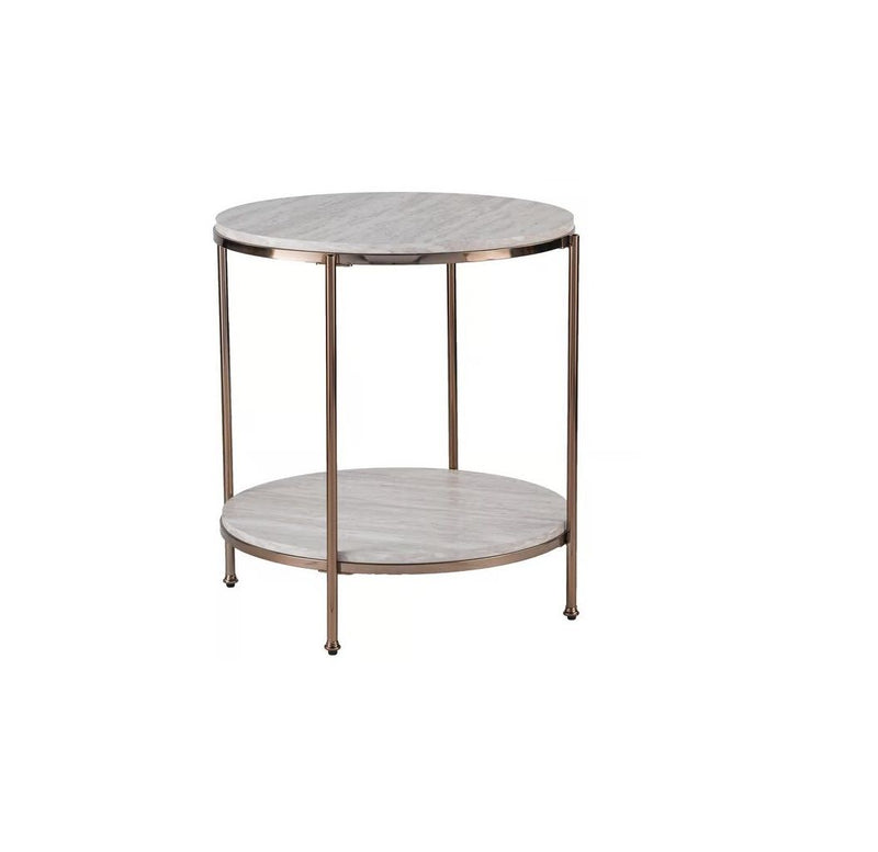 Faux Marble And Iron Round End Table With Shelf - Champagne