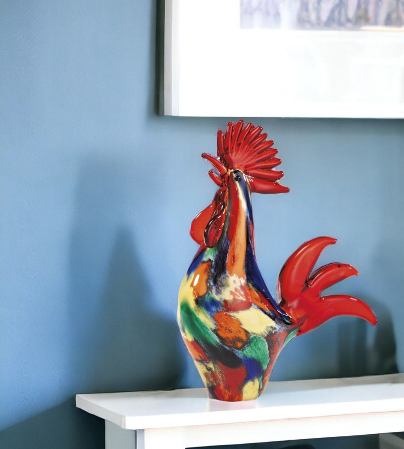 Murano Rooster Figurine Tabletop Sculpture - Red