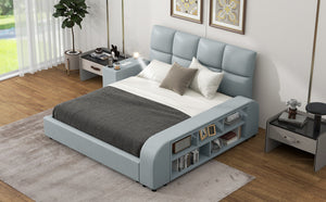 Queen Size Upholstered Platform Bed with Multimedia Nightstand and Storage Shelves, Gray