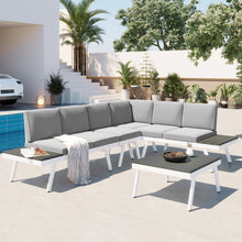 Load image into Gallery viewer, TOPMAX Industrial 5-Piece Aluminum Outdoor Patio Furniture Set, Modern Garden Sectional Sofa Set with End Tables, Coffee Table and Furniture Clips for Backyard, White+Grey
