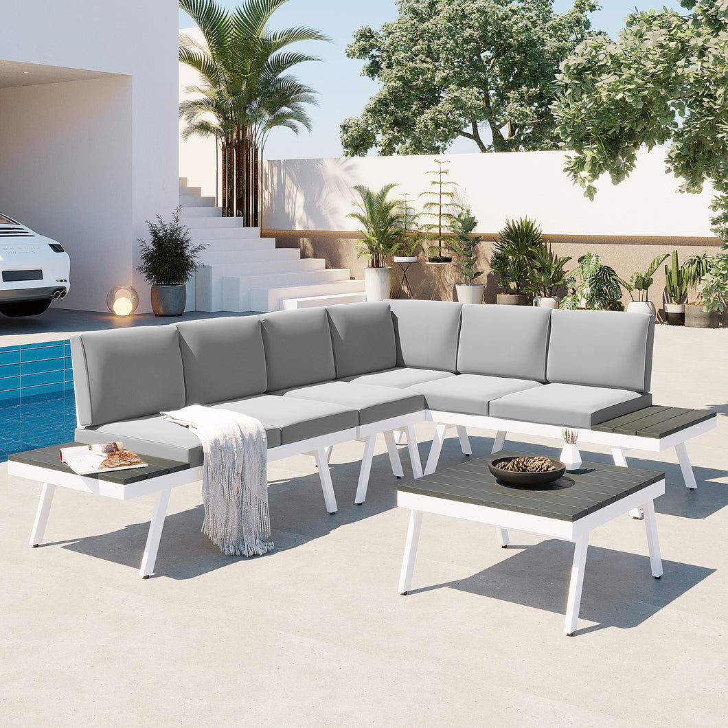 TOPMAX Industrial 5-Piece Aluminum Outdoor Patio Furniture Set, Modern Garden Sectional Sofa Set with End Tables, Coffee Table and Furniture Clips for Backyard, White+Grey