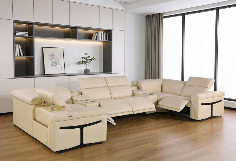 Italian Leather Power Reclining U Shaped Eight Piece Sectional With Console - Beige