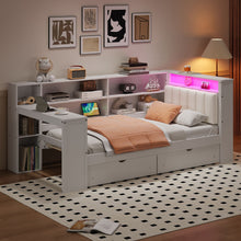 Load image into Gallery viewer, Platform Bed With Upholstered Headboard, Storage Shelves, Drawers, Charging Station, LED Lighting, Built In Desk
