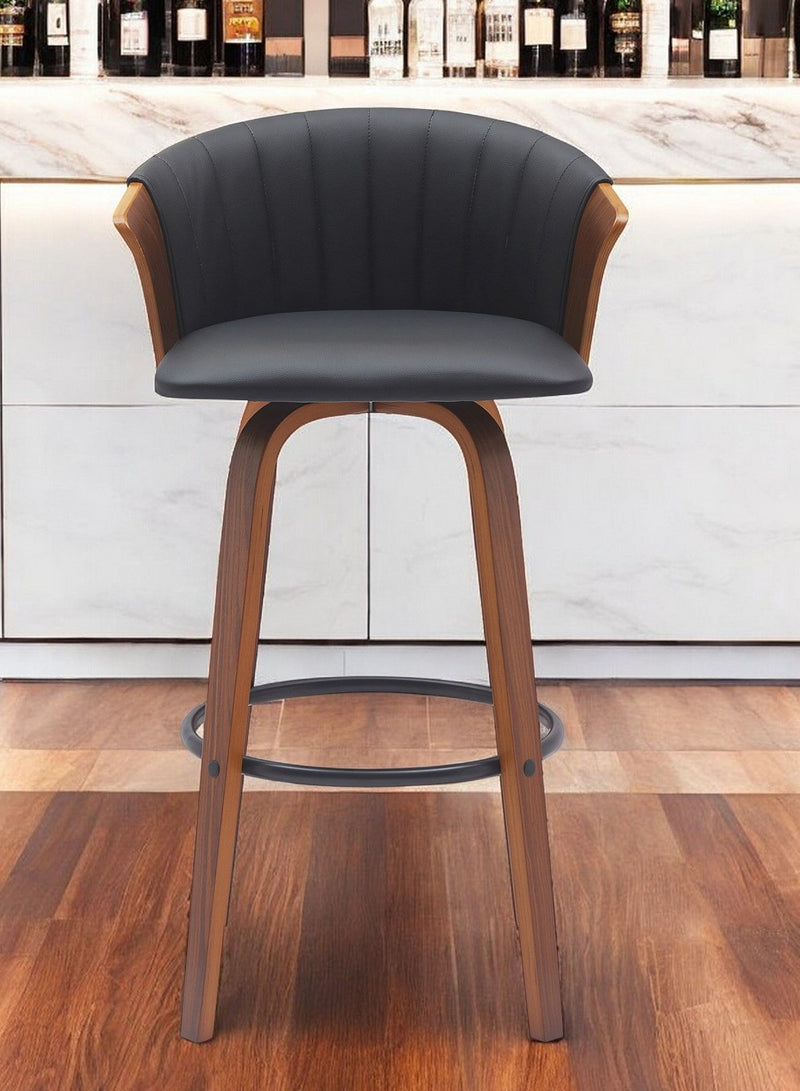 Faux Leather Swivel Bar Height Bar Chair - Black And Wood Brown