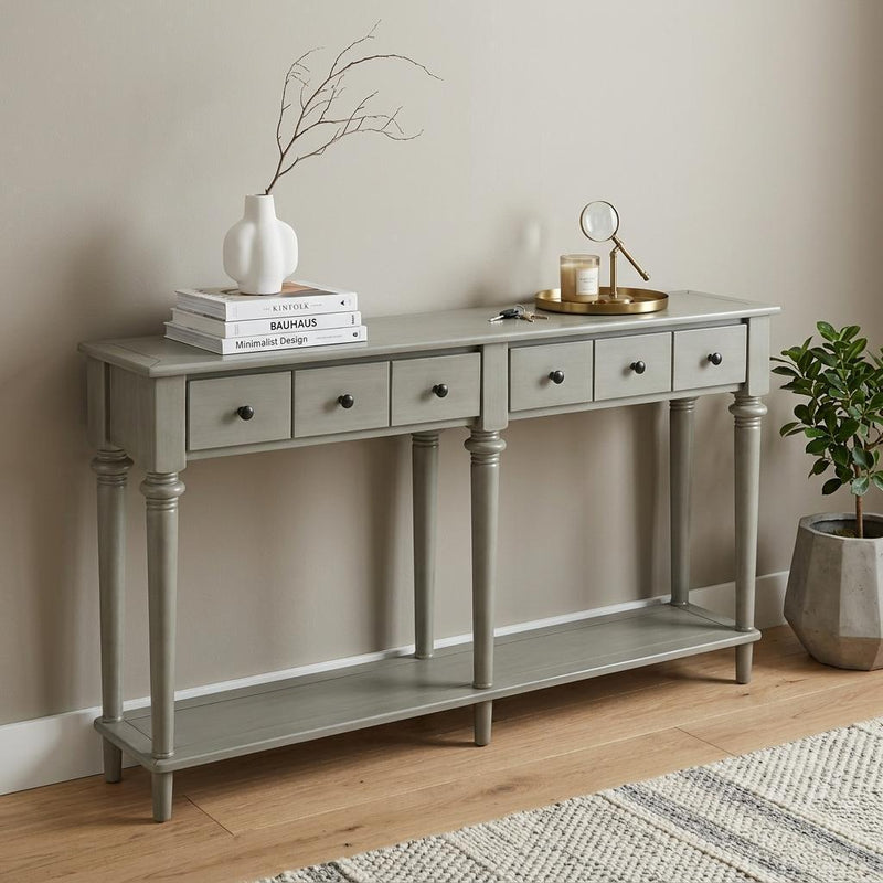 Six Leg Console Table With Shelf Four Drawers - Gray