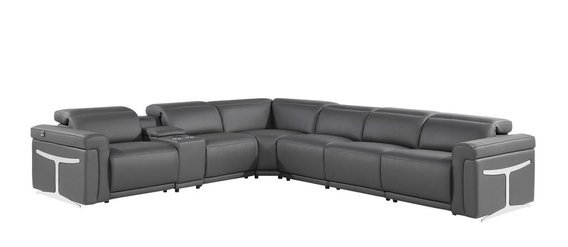 Italian Leather Modular L-Shaped Seven Piece Corner Sectional With Console - Gray