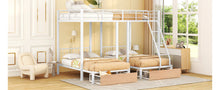 Load image into Gallery viewer, Full Over Twin &amp; Twin Bunk Bed, Metal Triple Bunk Bed with Drawers and Guardrails, White
