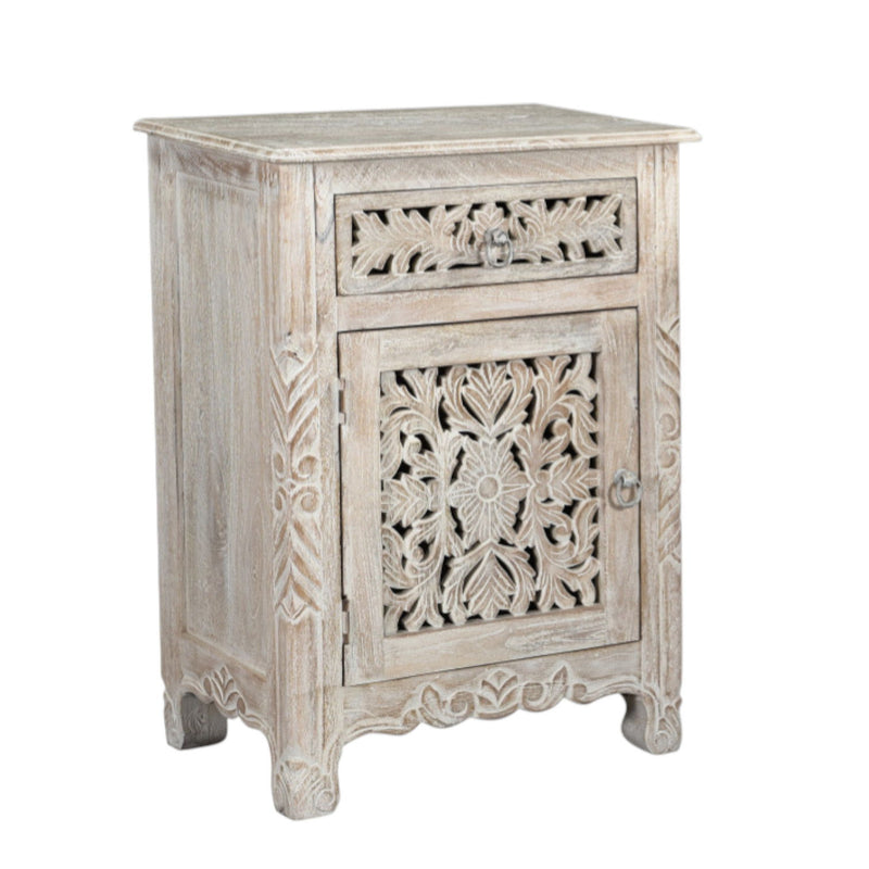 One Drawer Floral Carved Solid Wood Nightstand - Distressed White