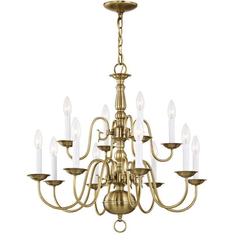 23" Twelve Light Dimmable Chandelier With Shades - Antiqued Brass