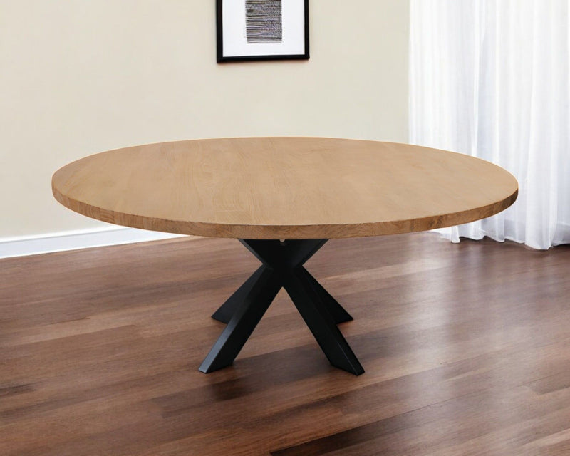 60" Rounded Solid Wood And Iron Pedestal Base Dining Table - Natural / Brown