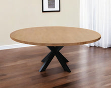 Load image into Gallery viewer, 60" Rounded Solid Wood And Iron Pedestal Base Dining Table - Natural / Brown
