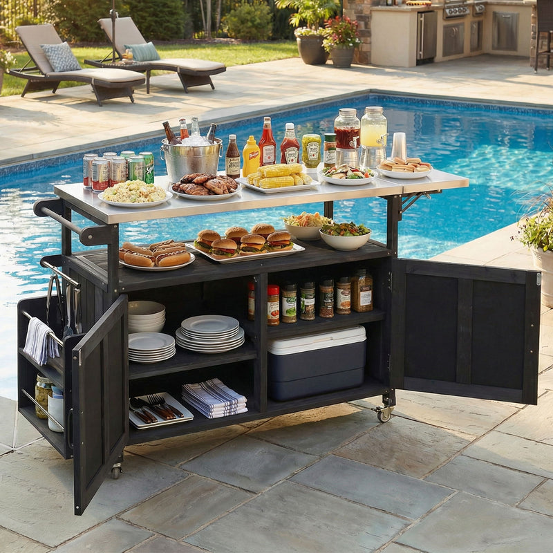 Foldable Outdoor Kitchen Island With Lockable Wheels, Storage Cabinet And Towel Rack For Patio