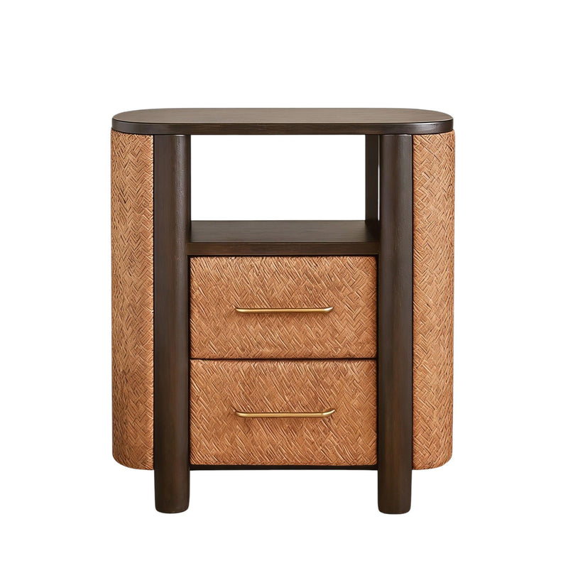 Solid Wood Woven Texture Two Drawer Nightstand - Espresso / Mocha