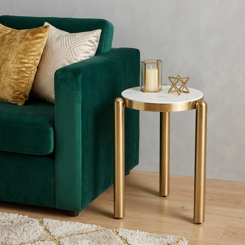 Marble And Iron Round End Table - White And Gold