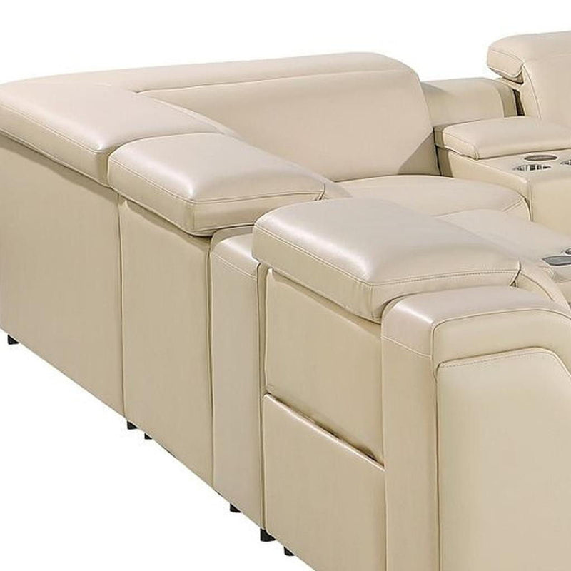 Italian Leather Power Reclining U Shaped Twelve Piece Corner Sectional With Console - Beige