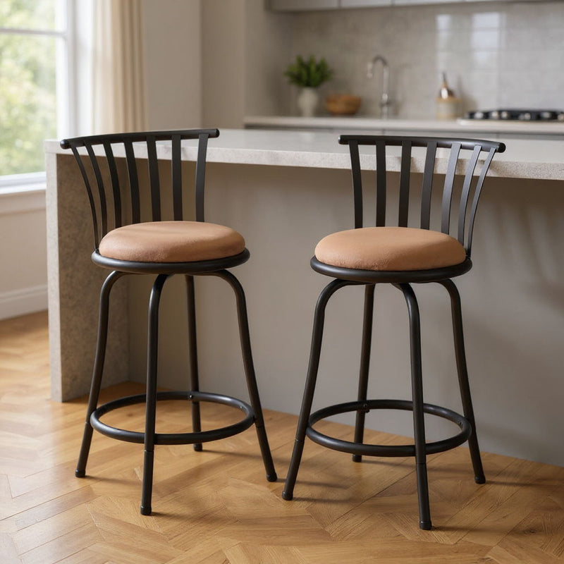 24" Microfiber And Metal Low Back Counter Height Swivel Bar Chairs (Set of 2) - Brown / Black