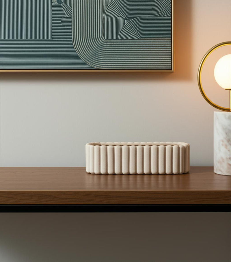 Oval Ribbed Texture Table Vase - Beige
