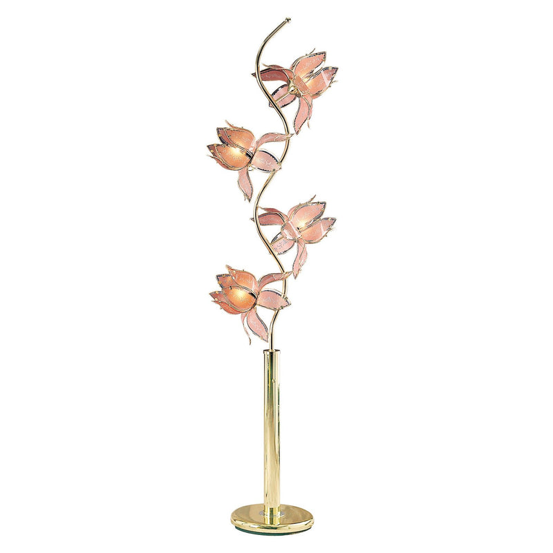Four Light Floral Floor Lamp With Pink Glass Shades - Gold