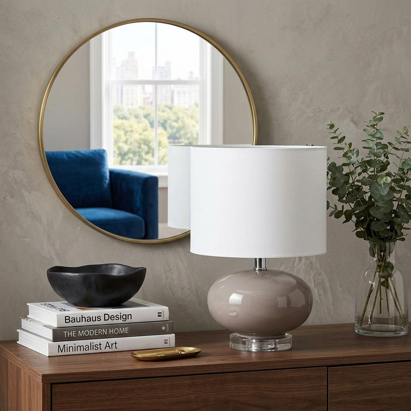 Round Table Lamp With Drum Shade - Gray