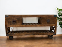 Load image into Gallery viewer, Solid Wood Distressed Wheel Console Table With Shelves And Drawers - Brown And Black
