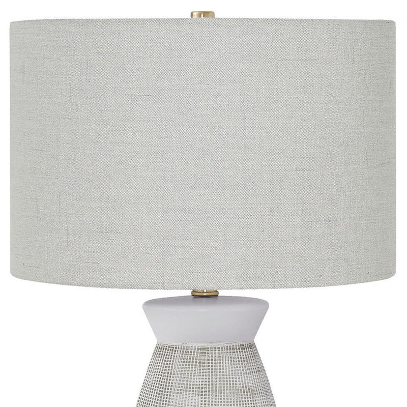 Ceramic Round Table Lamp With Gray Drum Shade - Gray And White